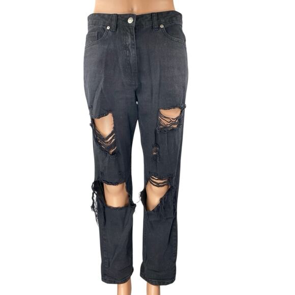 Parisian Black Distressed Straight Wide Leg High Waist Denim Jeans Pants Size 6 - Picture 1 of 5